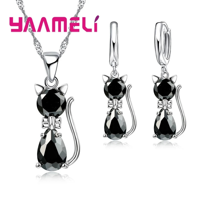 Genuine High Quality 925 Sterling Silver Color Jewelry Set Clear CZ Cubic Zircon Cat Necklace Earrings Pendant For Women
