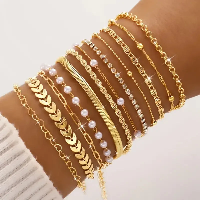 Bohemian Multi-layer Stacking Bracelet Fashion Flat Snake Chain Rhinestone Claw Chain Bracelet Set Women's Retro Party Jewelry