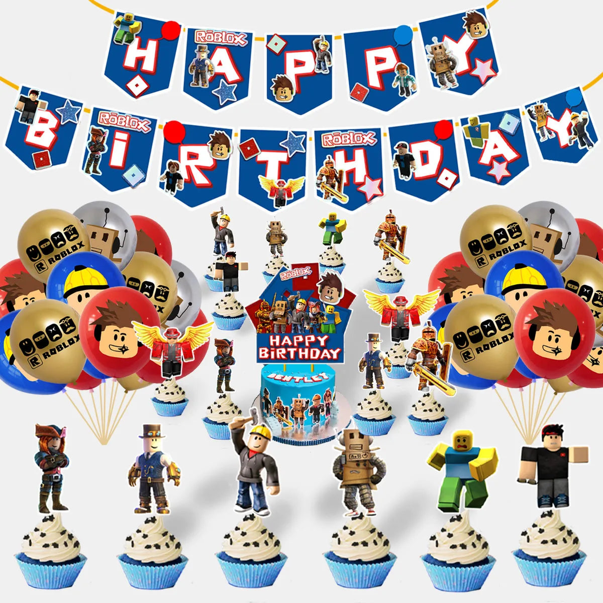 Roblox Birthday Party Set Balloon Pull The Flag Cake Decoration Game Decorative Ornaments Children Gifts