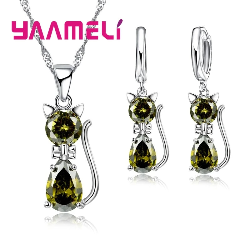 Genuine High Quality 925 Sterling Silver Color Jewelry Set Clear CZ Cubic Zircon Cat Necklace Earrings Pendant For Women
