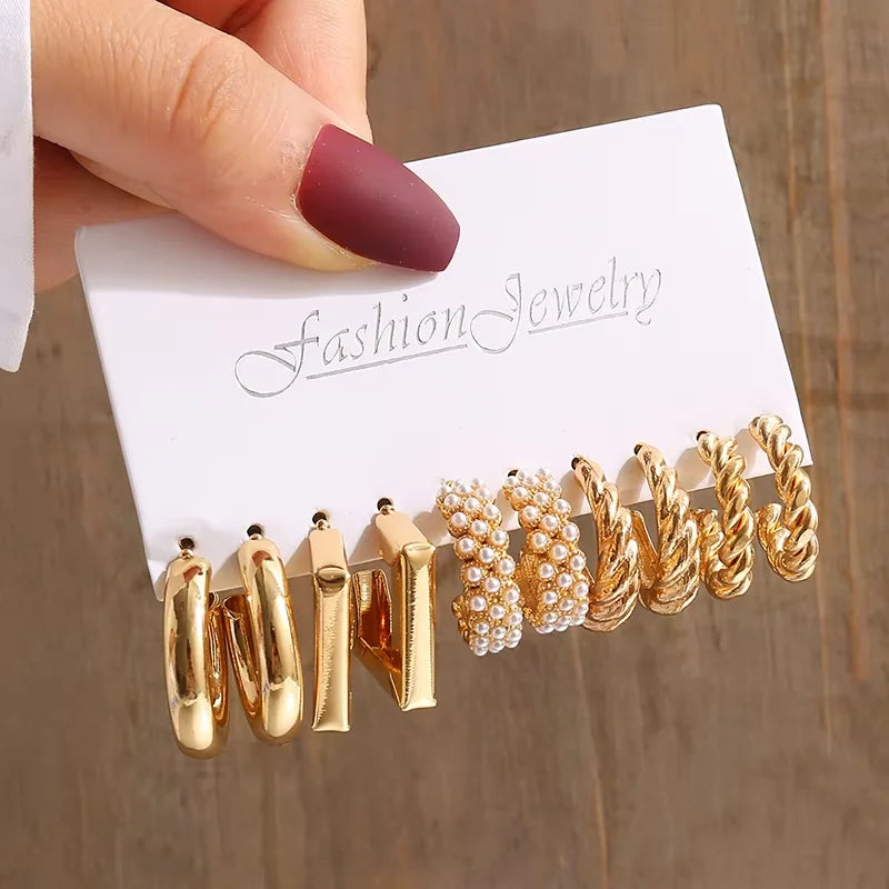 Gold Color Vintage Geometry Pearl Earrings Set Metal Twine Square Dangle Earrings Round for Women Simple Trendy Party Jewelry