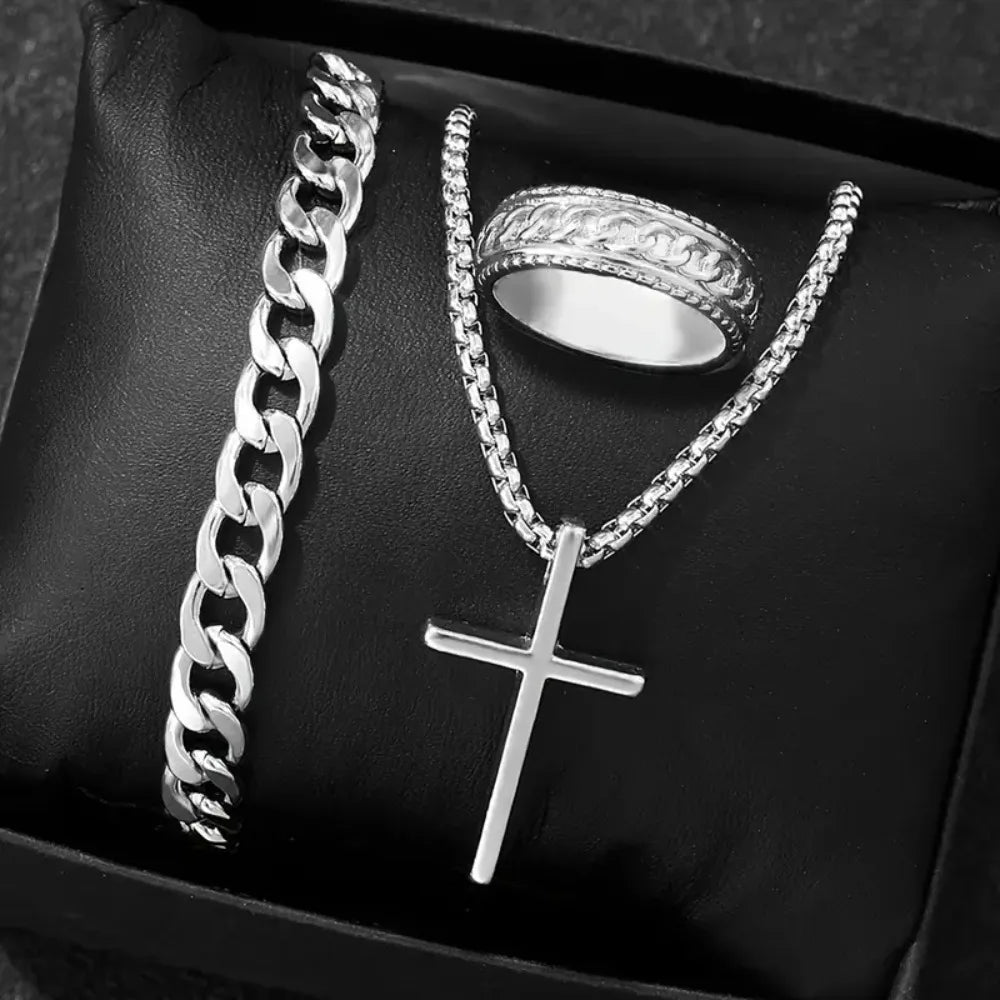 3PCS Men's Fashion Hip Hop Handsome Cross Jewelry Set, Necklace, Ring, Bracelet Give Him The Best Gift Christmas Gift