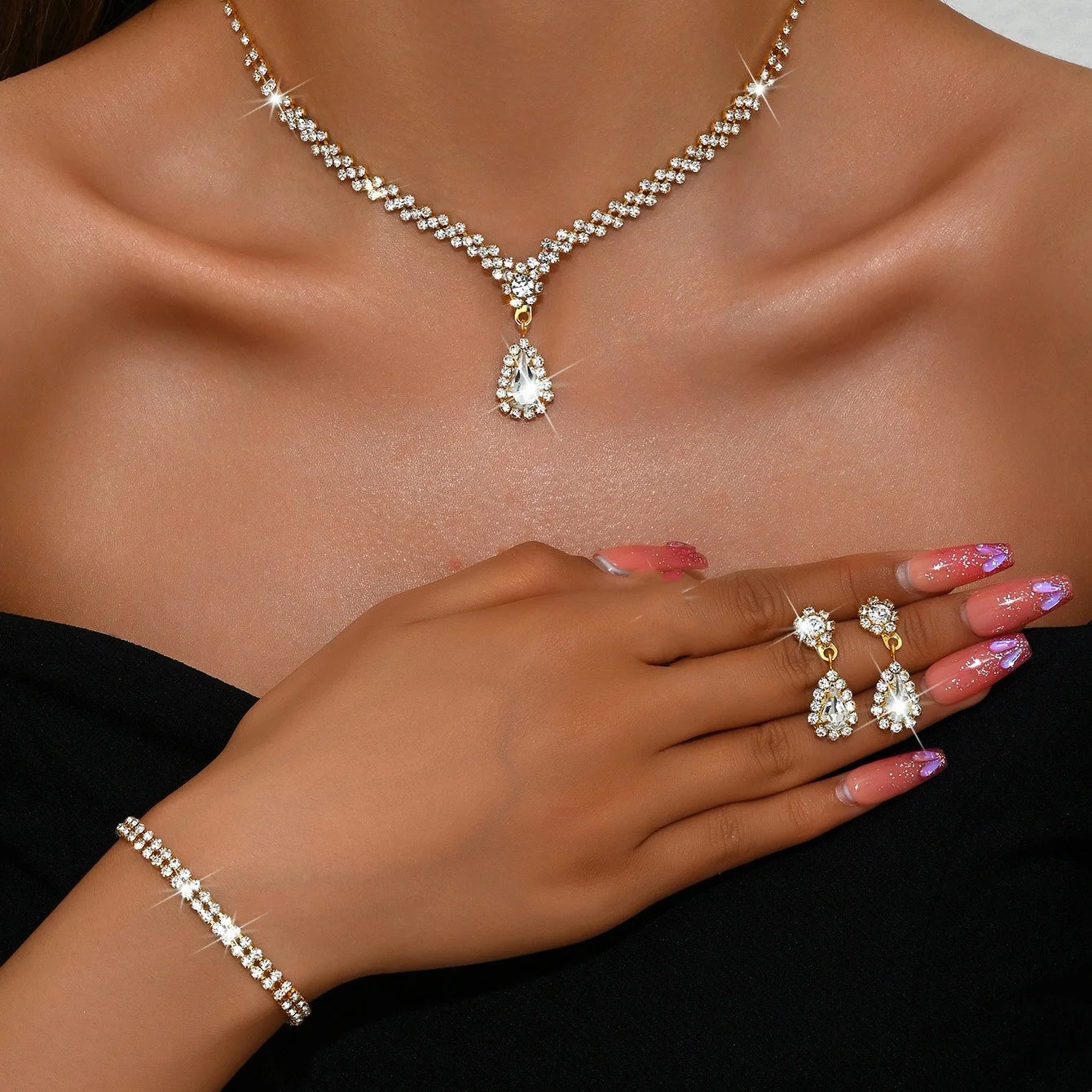 3 piece set Red l Green Blue Drop Stone Necklace Earrings Bracelet Women's Jewelry Wedding party set