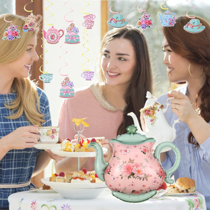Tea Party Decoration Teapot Foil Balloon LET'S PARTEA Banner  Spiral Macaron Balloon Lady Birthday Afternoon Tea Party Supplies