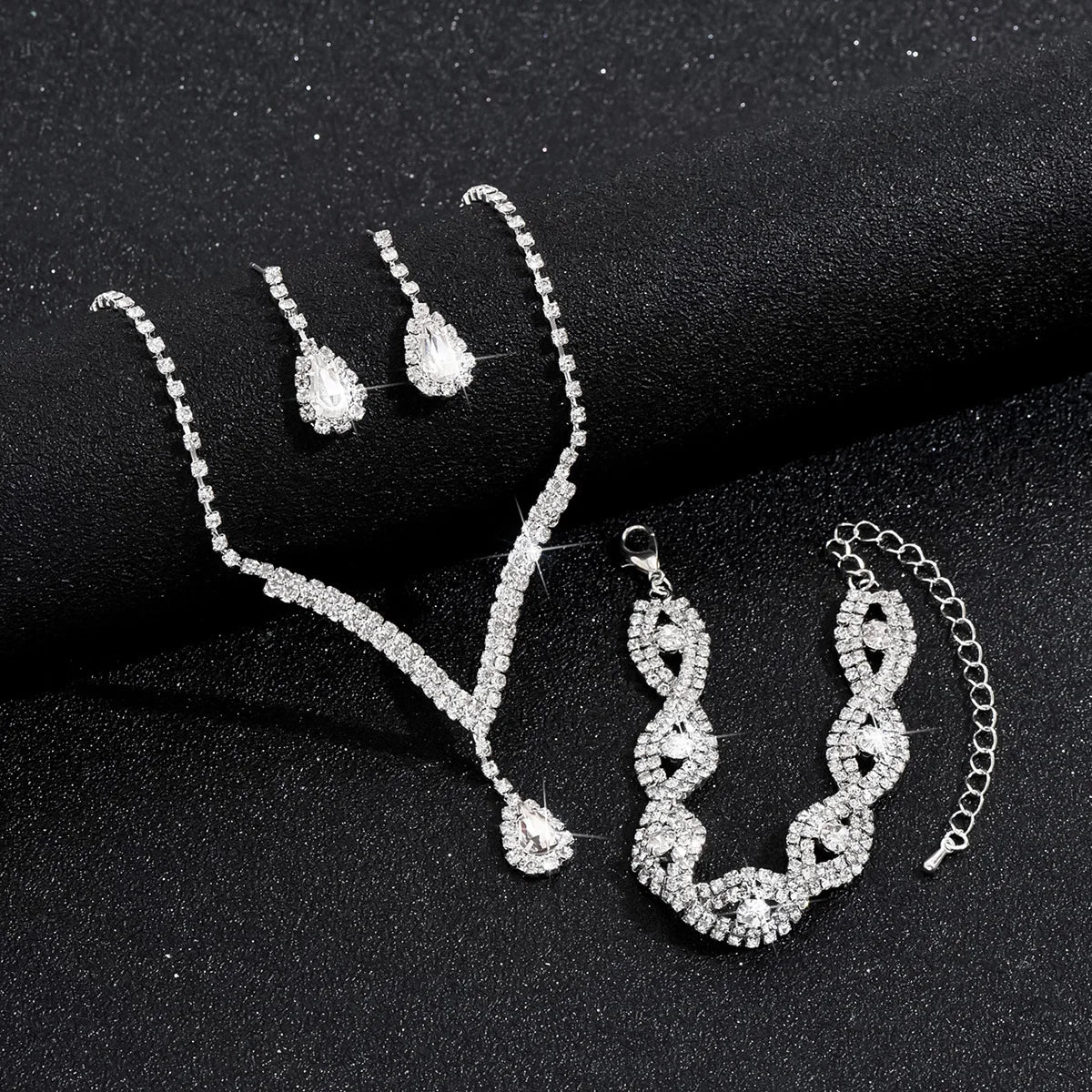 3 Pcs Luxury Rhinestone Bride Jewelry Set for Women Black Water Drop Crystal Earrings Wedding V Necklace Eye Bracelet Fashion