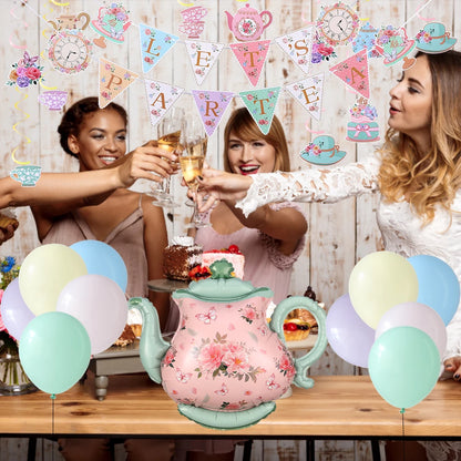 Tea Party Decoration Teapot Foil Balloon LET'S PARTEA Banner  Spiral Macaron Balloon Lady Birthday Afternoon Tea Party Supplies