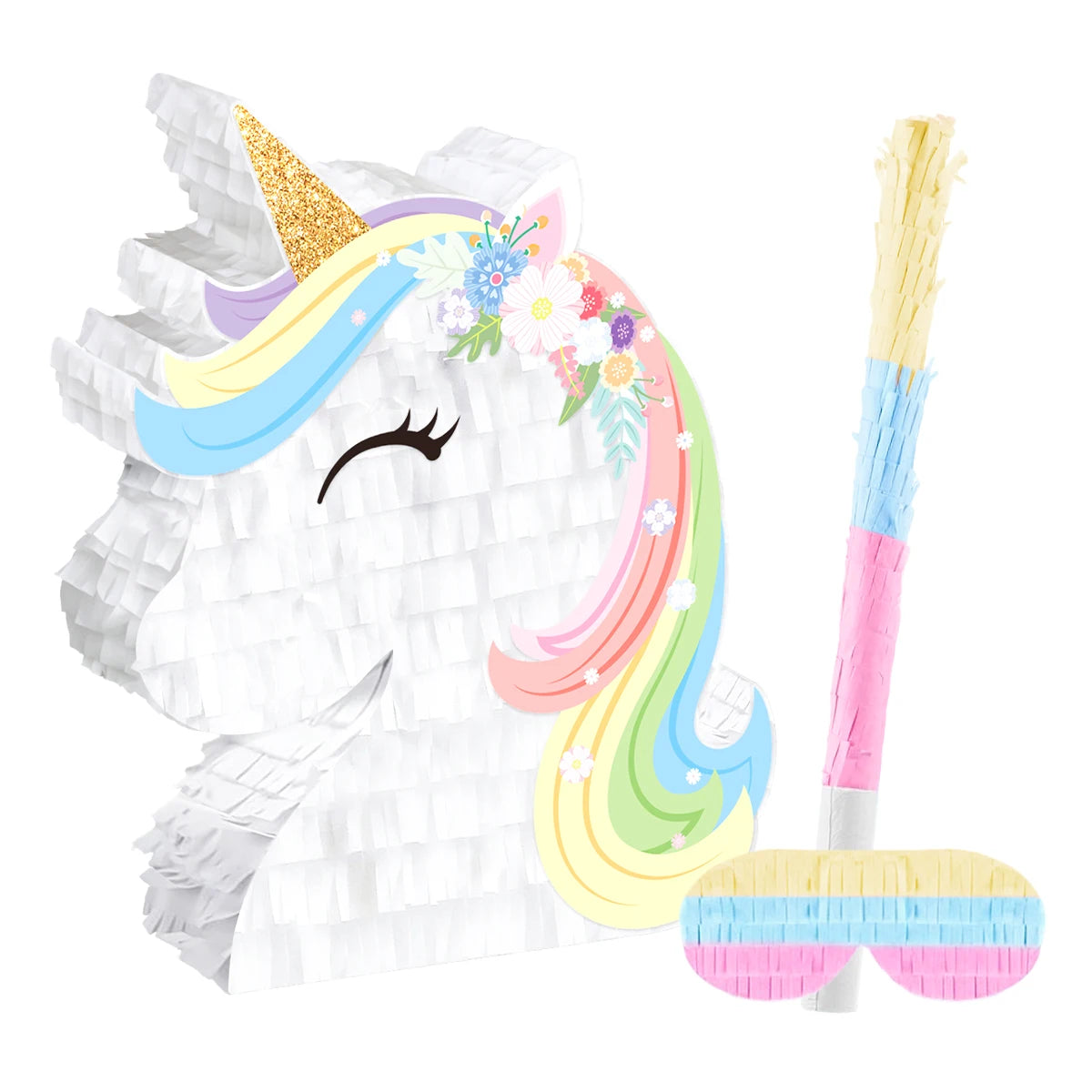 1Set Cartoon Rainbow Unicorn Theme Pinata Bundle with Blindfold Stick for Kids Birthday Baby Shower Party Decoration