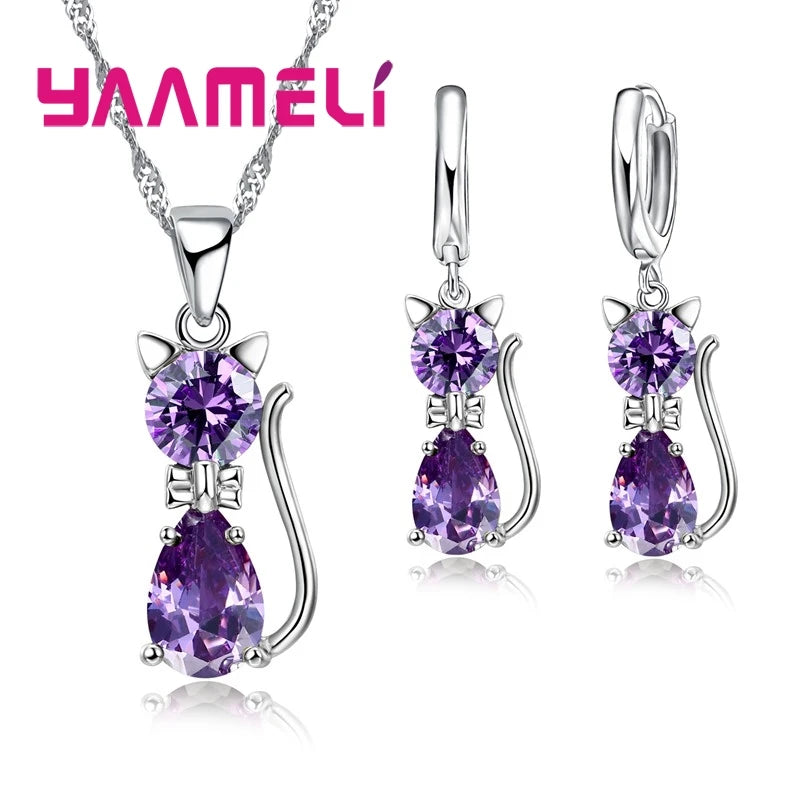 Genuine High Quality 925 Sterling Silver Color Jewelry Set Clear CZ Cubic Zircon Cat Necklace Earrings Pendant For Women