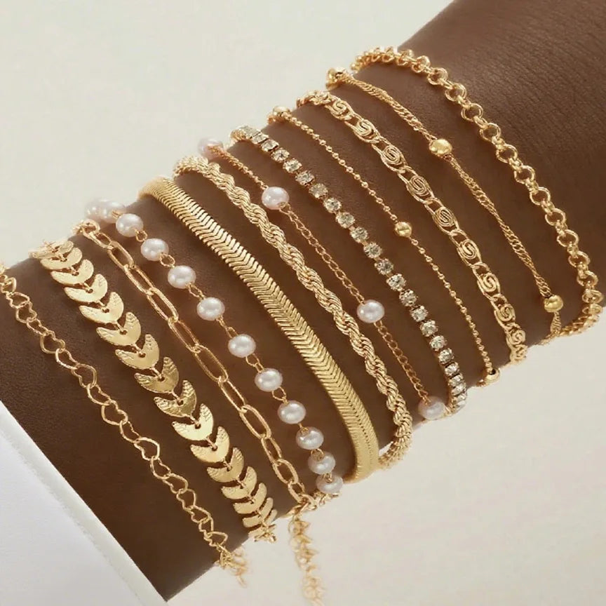 Bohemian Multi-layer Stacking Bracelet Fashion Flat Snake Chain Rhinestone Claw Chain Bracelet Set Women's Retro Party Jewelry