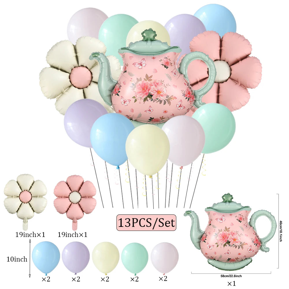 Tea Party Decoration Teapot Foil Balloon LET'S PARTEA Banner  Spiral Macaron Balloon Lady Birthday Afternoon Tea Party Supplies