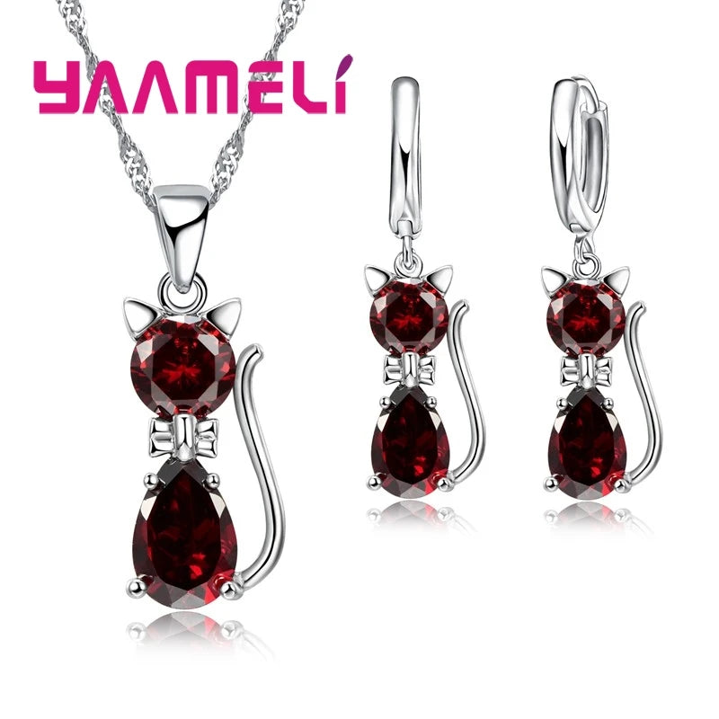 Genuine High Quality 925 Sterling Silver Color Jewelry Set Clear CZ Cubic Zircon Cat Necklace Earrings Pendant For Women