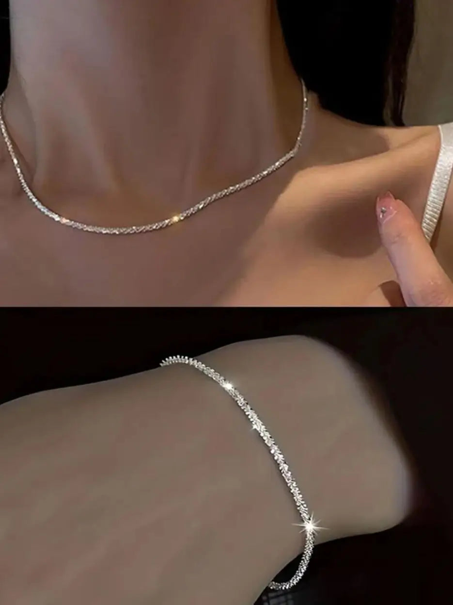2pcs Set Shiny Sparkling Silver Plated Clavicle Chain Necklace Bracelet Jewelry Set for Women Minimalist Starry Sky Accessories