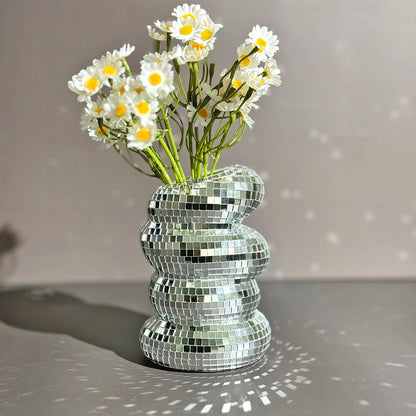 Spiralvase mit Discokugel-Motiv, einzigartige Glasfliesen-Blumenflasche, Discokugel-Pflanzgefäß, silberne Spiegelvase, Dekoration für Wohnzimmer, Büro