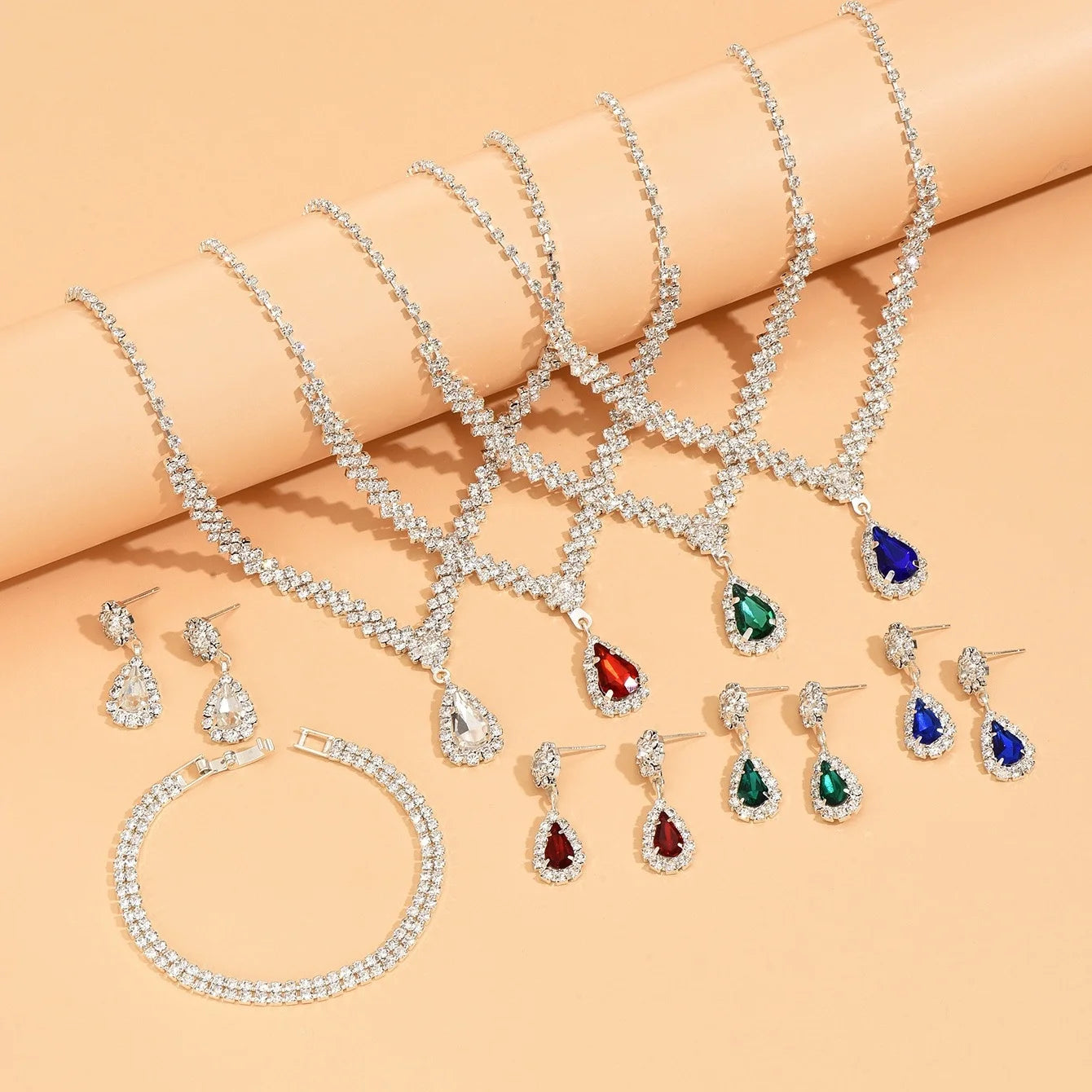 3 piece set Red l Green Blue Drop Stone Necklace Earrings Bracelet Women's Jewelry Wedding party set