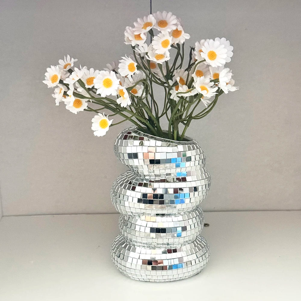 Spiralvase mit Discokugel-Motiv, einzigartige Glasfliesen-Blumenflasche, Discokugel-Pflanzgefäß, silberne Spiegelvase, Dekoration für Wohnzimmer, Büro