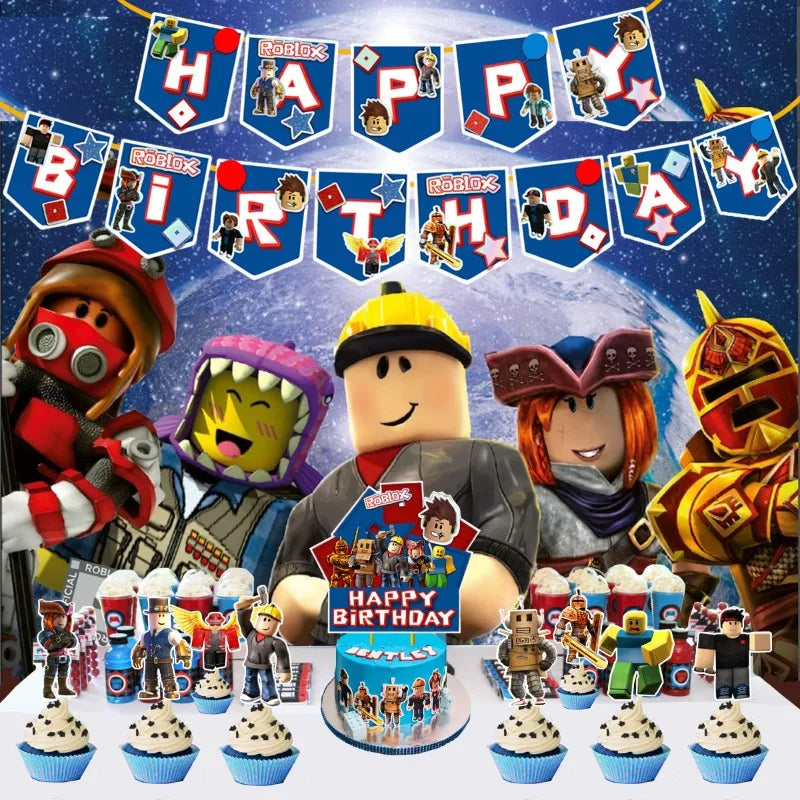 Roblox Birthday Party Set Balloon Pull The Flag Cake Decoration Game Decorative Ornaments Children Gifts