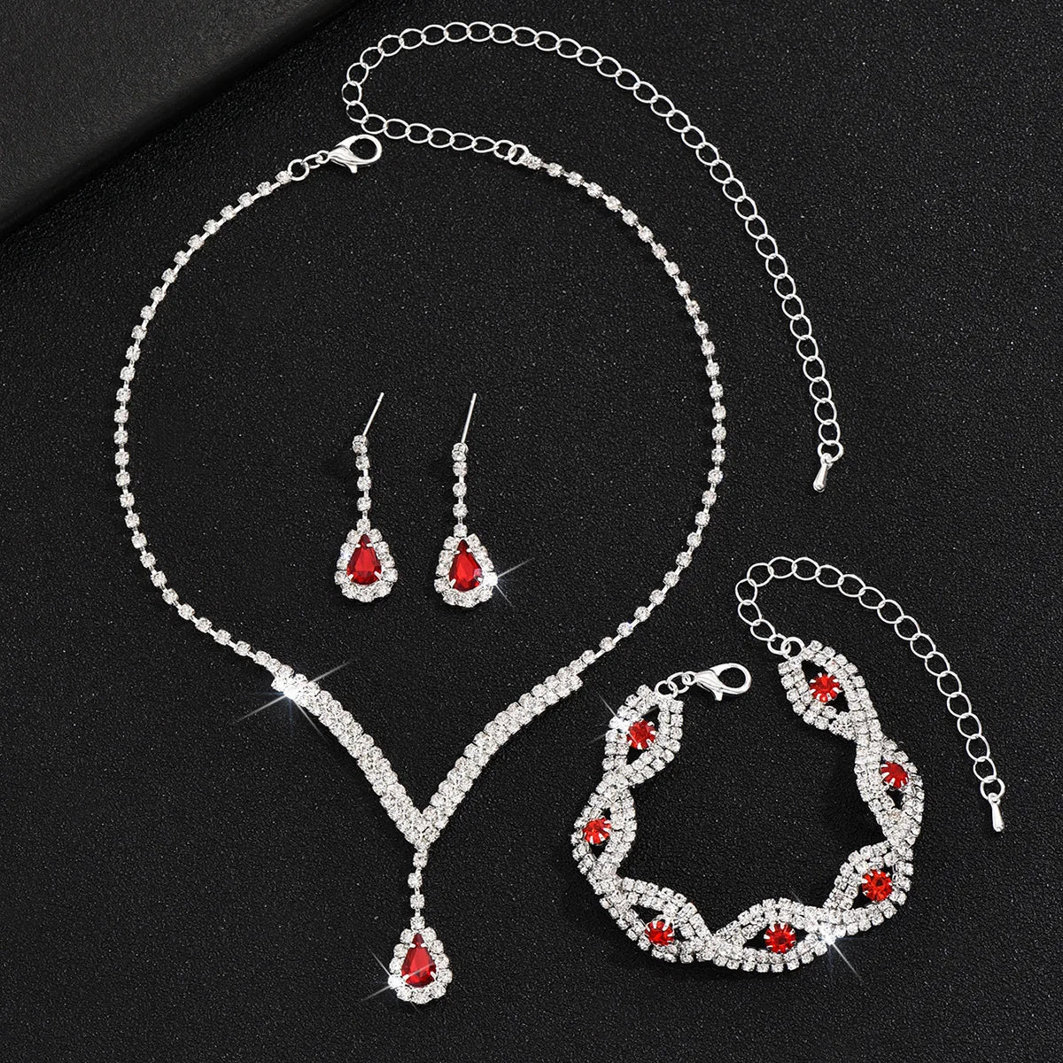 3 Pcs Luxury Rhinestone Bride Jewelry Set for Women Black Water Drop Crystal Earrings Wedding V Necklace Eye Bracelet Fashion