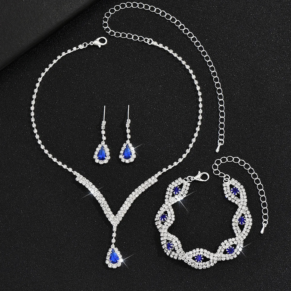 3 Pcs Luxury Rhinestone Bride Jewelry Set for Women Black Water Drop Crystal Earrings Wedding V Necklace Eye Bracelet Fashion