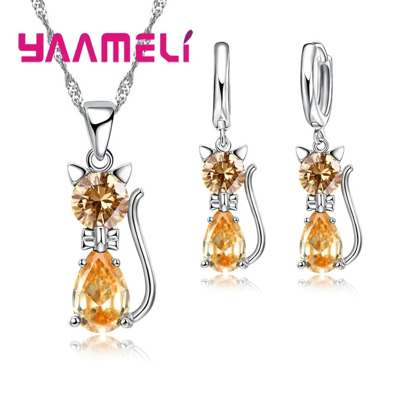 Genuine High Quality 925 Sterling Silver Color Jewelry Set Clear CZ Cubic Zircon Cat Necklace Earrings Pendant For Women