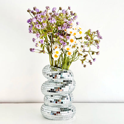 Spiralvase mit Discokugel-Motiv, einzigartige Glasfliesen-Blumenflasche, Discokugel-Pflanzgefäß, silberne Spiegelvase, Dekoration für Wohnzimmer, Büro
