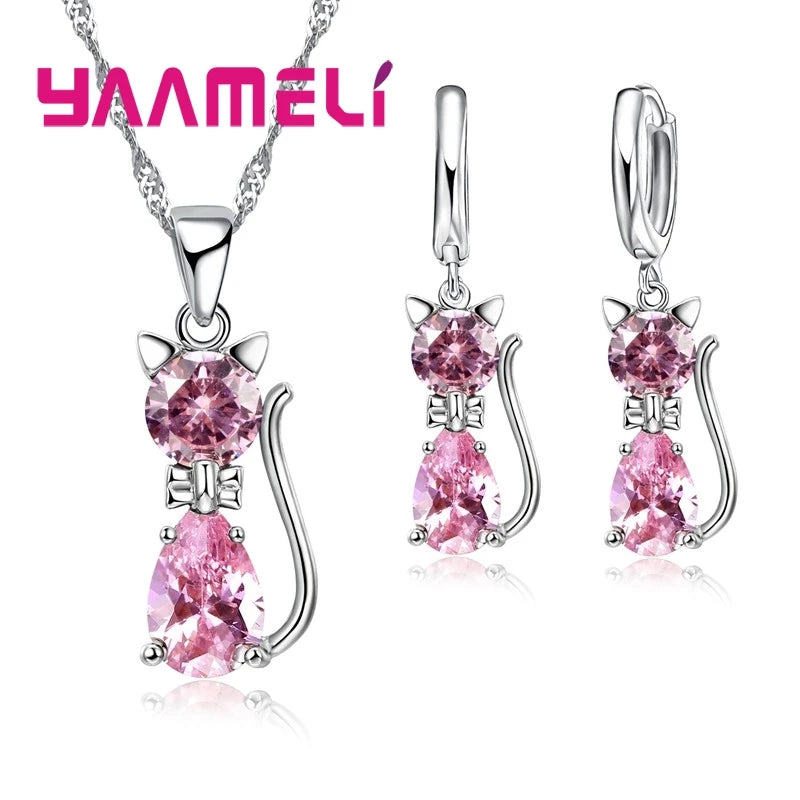 Genuine High Quality 925 Sterling Silver Color Jewelry Set Clear CZ Cubic Zircon Cat Necklace Earrings Pendant For Women