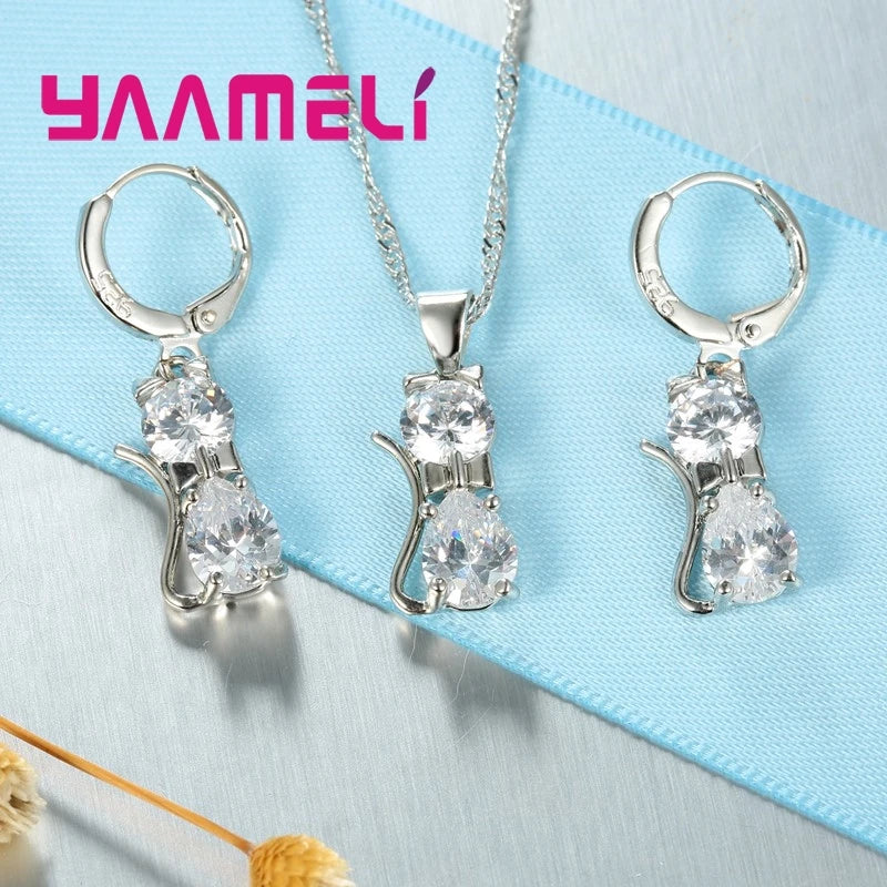Genuine High Quality 925 Sterling Silver Color Jewelry Set Clear CZ Cubic Zircon Cat Necklace Earrings Pendant For Women