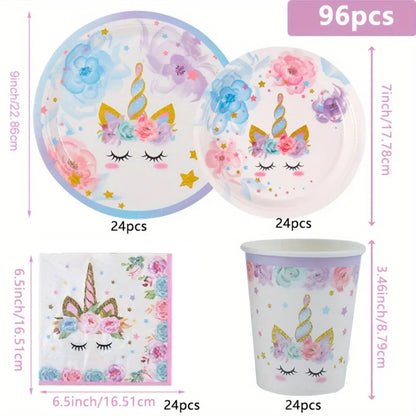 96 Pieces Unicorn Cutlery Set Disposable Paper Plates Paper Cups Theme Party Birthday Celebration Anniversary Decorations