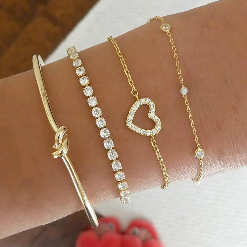 Fashion Elegant Heart Zircon Charm Bracelet Sets for Women Vintage Minimalist Multi-Element Twist Chain Metal Bracelets Jewelry