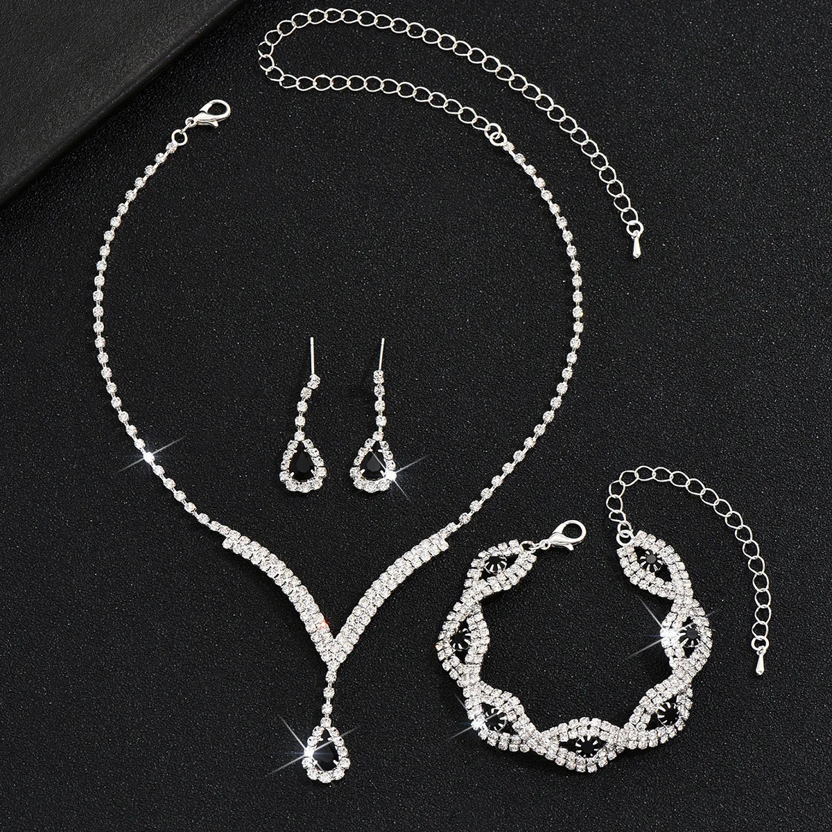 3 Pcs Luxury Rhinestone Bride Jewelry Set for Women Black Water Drop Crystal Earrings Wedding V Necklace Eye Bracelet Fashion