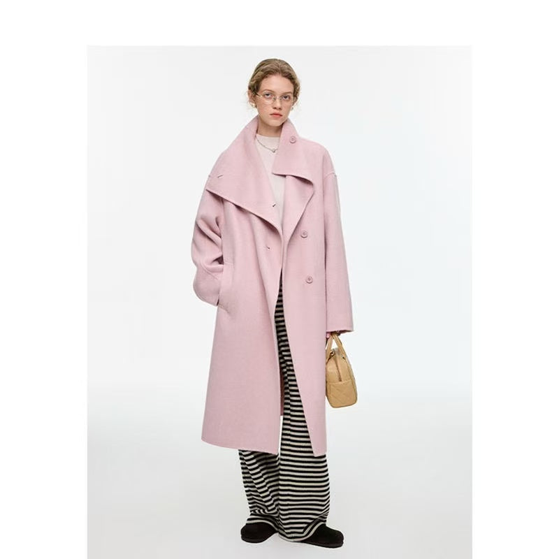 High-quality elegant single-breasted design winter women's soft pink wool blend coat