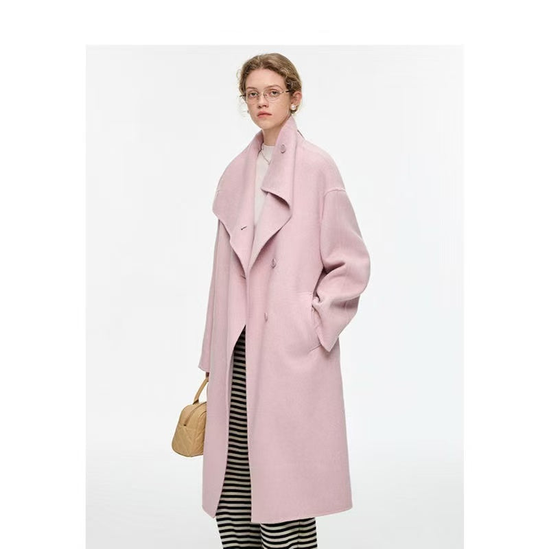 High-quality elegant single-breasted design winter women's soft pink wool blend coat