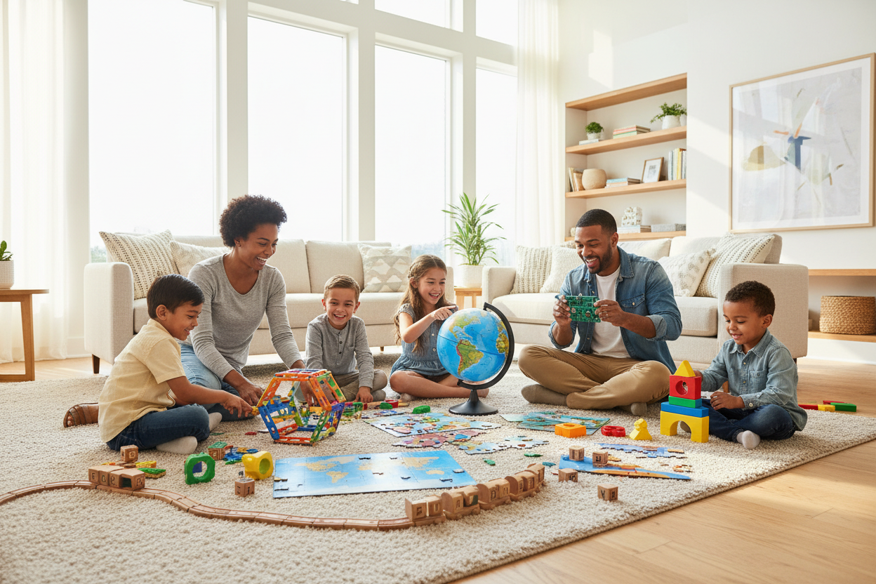 美国父母与孩子一起快乐的玩益智类玩具，图片大小为1920*600像素，用网站主页幻灯片展示用