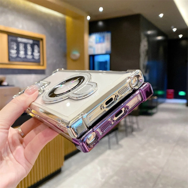 Crush-resistant transparent plating PC magnetic metal bracket phone case for Samsung S26 S24Ultra S23 S22 Plus S25 A17