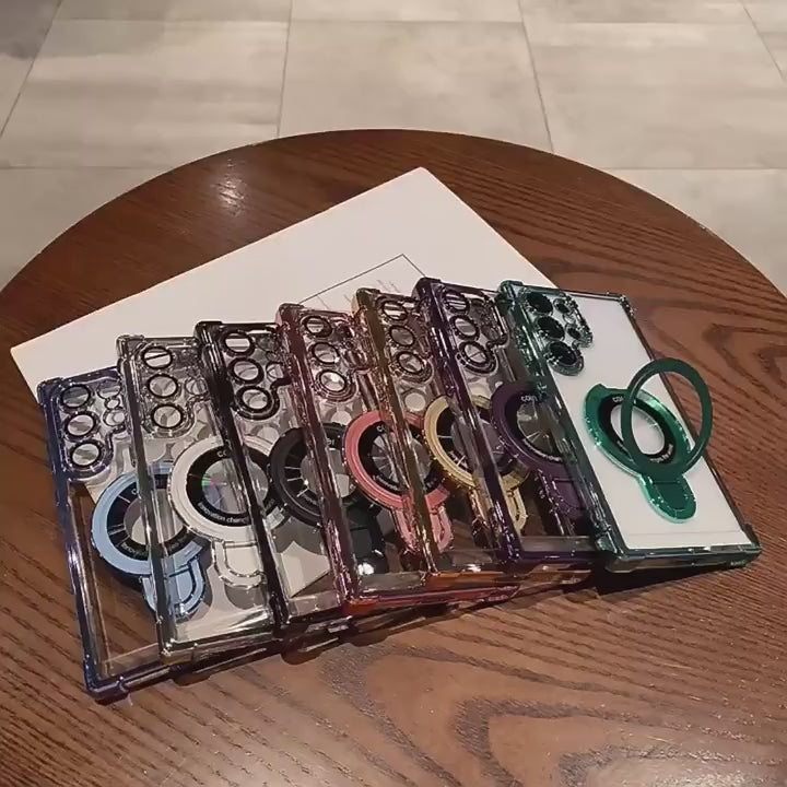 Crush-resistant transparent plating PC magnetic metal bracket phone case for Samsung S26 S24Ultra S23 S22 Plus S25 A17