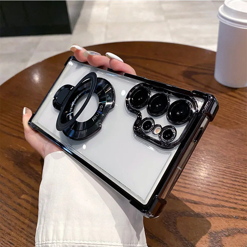 Crush-resistant transparent plating PC magnetic metal bracket phone case for Samsung S26 S24Ultra S23 S22 Plus S25 A17