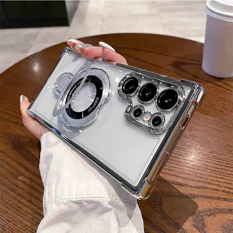 Crush-resistant transparent plating PC magnetic metal bracket phone case for Samsung S26 S24Ultra S23 S22 Plus S25 A17