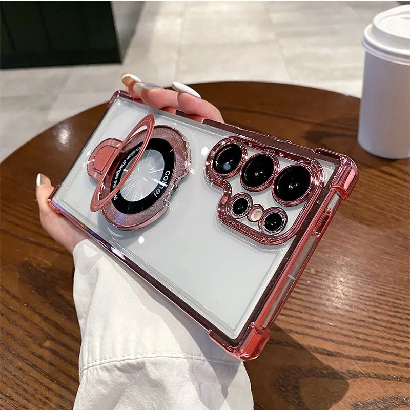 Crush-resistant transparent plating PC magnetic metal bracket phone case for Samsung S26 S24Ultra S23 S22 Plus S25 A17