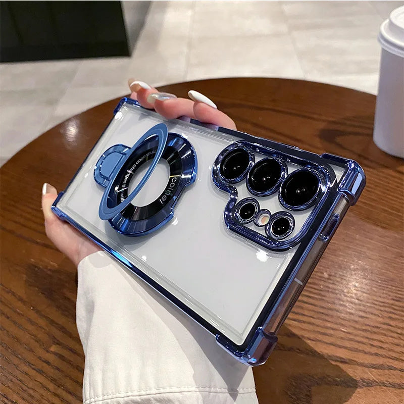 Crush-resistant transparent plating PC magnetic metal bracket phone case for Samsung S26 S24Ultra S23 S22 Plus S25 A17