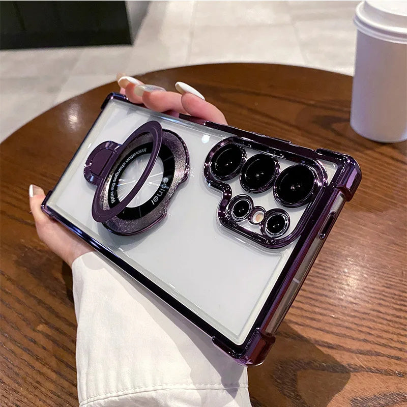 Crush-resistant transparent plating PC magnetic metal bracket phone case for Samsung S26 S24Ultra S23 S22 Plus S25 A17