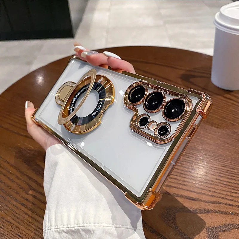 Crush-resistant transparent plating PC magnetic metal bracket phone case for Samsung S26 S24Ultra S23 S22 Plus S25 A17