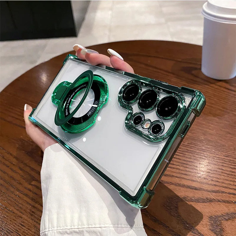 Crush-resistant transparent plating PC magnetic metal bracket phone case for Samsung S26 S24Ultra S23 S22 Plus S25 A17